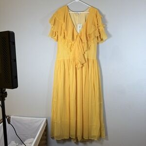 NWT NA-KD Light Yellow Flowwy Ruffled Long Maxi Dress, size 42 Or L / Xl